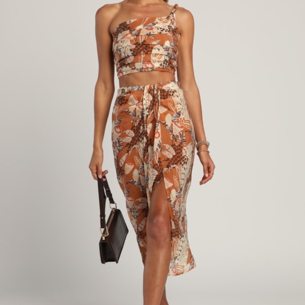 Lulus Something Wild Brown Multi Print Twist-front Midi Skirt - Size M
